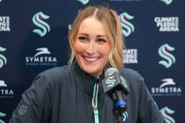 Jessica Campbell is introduced as an assistant coach for the Seattle Kraken making her the first female full-time coach in the National Hockey League during development camp at the Kraken Community Iceplex on July 02, 2024 in Seattle, Washington. 