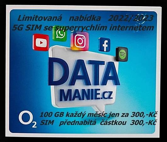 SIM-ka 5G sítě O2 DATAMANIE 100GB/300 Kč, NOVÁ, NEROZBALENÁ, 2022/2023 - Mobily a chytrá elektronika