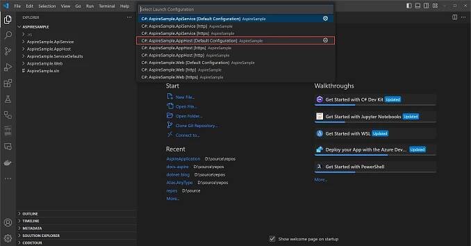 snímek obrazovky s konfigurací spuštění Visual Studio Code pro projekt AspireSample.AppHost.