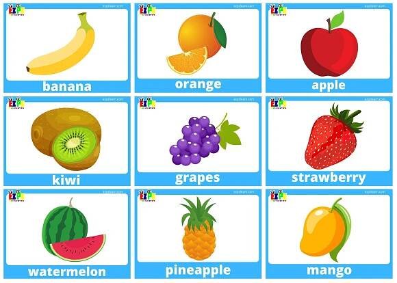 Fruit Flashcards with words use online or PDF download