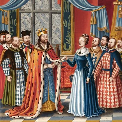 Kategorie panovníci, Královský dvůr s královnou v modrých šatech, jindřich III Francouzský, ilustrační obrázek