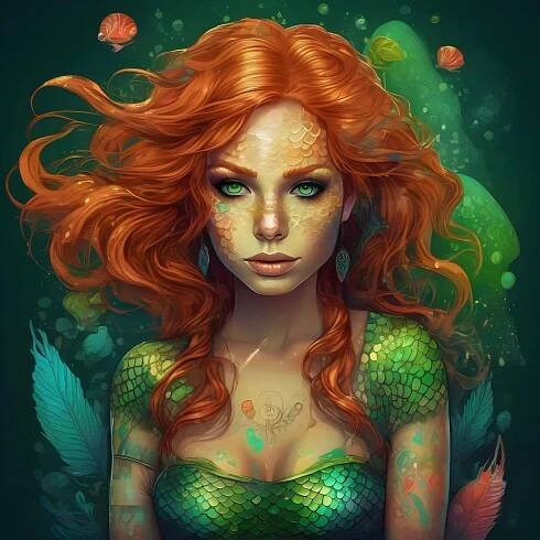 Bezplatný obrázek: Napůl žena, napůl mořská panna, digitální umění mytologické bytosti, žena se zrzavýma vlasy a zelenýma očima