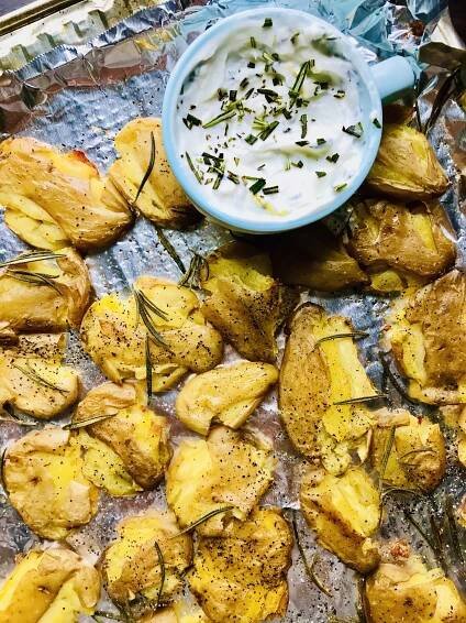 Smashed Potatoes with Lemon-Rosemary Dip