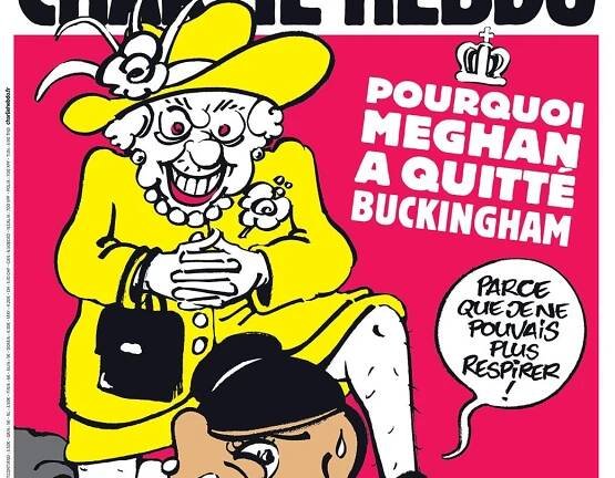 Titulní strana nového vydání Charlie Hebdo s karikaturou královny Alžběty II. a Meghan Markle