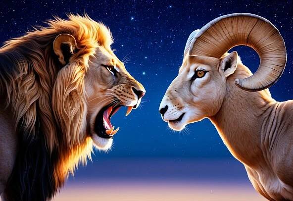 A roaring lion and a charging ram face each other under a starry sky