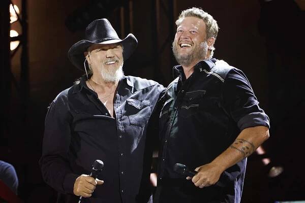 Trace Adkins and Blake Shelton perform on the main stage during CMA Fest 2025 at Nissan Stadium on June 07, 2025 in Nashville, Tennessee.