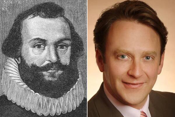 Keith Whitaker (right), 49, is descended from Myles Standish (left), the British officer hired on by the Pilgrims.