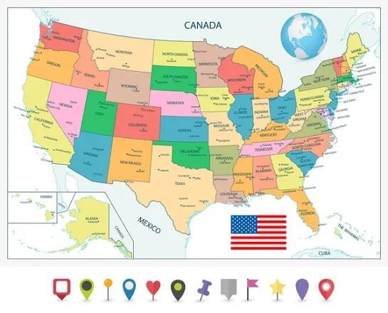 Podrobná politická mapa Usa a plochá mapa ukazatele — Ilustrace