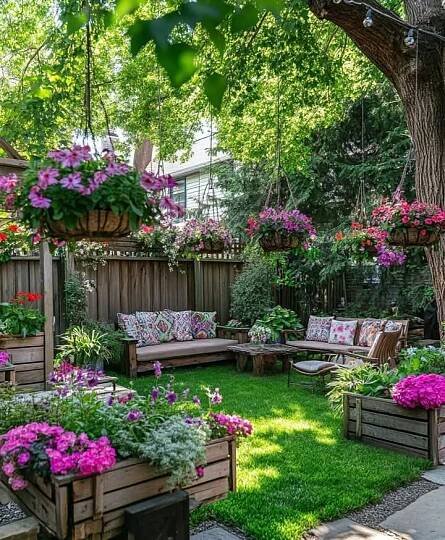 a backyard with lots of flowers and plants