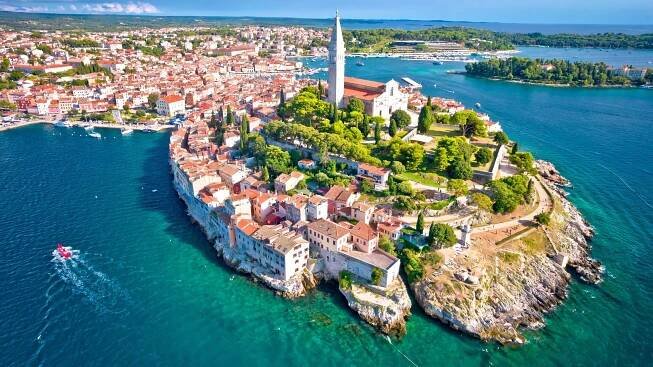 Town of Rovinj historic peninsula aerial view, famous tourist destination in Istria region of Croatia