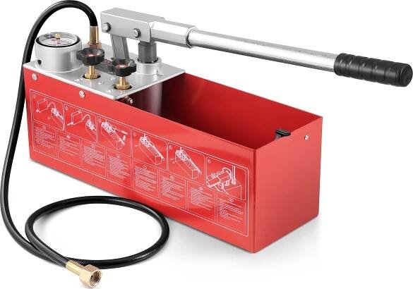 Tlakové čerpadlo VEVOR, max. 25 barů, sada ručního hydraulického testeru tlaku vody s dvojitým ventilem a manometrem, 10litrová nádrž na vodu, 1,4m hadice s 1/2" vnějším závitem pro připojení potrubí