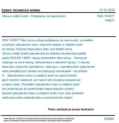 ČSN 74 6077 - Okna a vnější dveře - Požadavky na zabudování