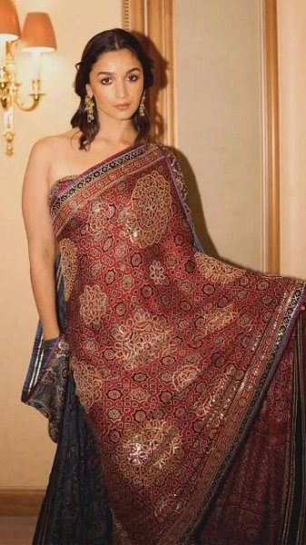 Alia Bhatt commands attention in ajrakh printed saree with a modern drape