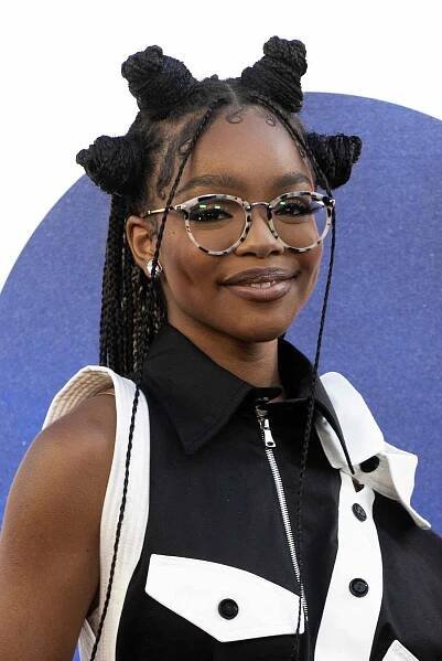 Marsai Martin in a black-and-white dress
