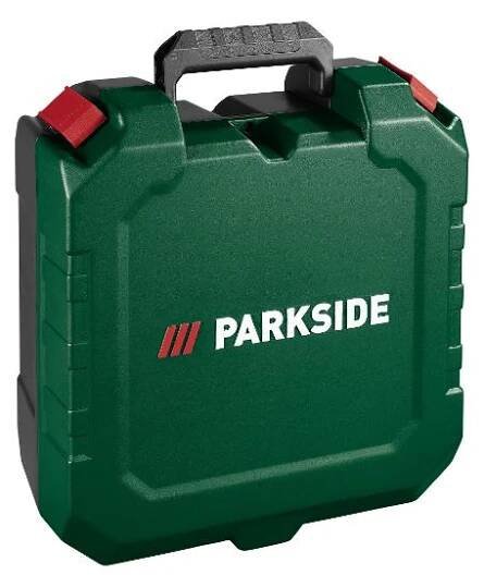 Zelená krabička na nářadí Parkside s rukojetí.