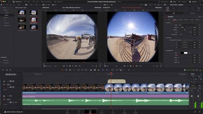 A video editing software interface displays two circular fisheye video previews of a desert scene with people and structures, a multi-track timeline below, and various editing controls and panels on the right side.