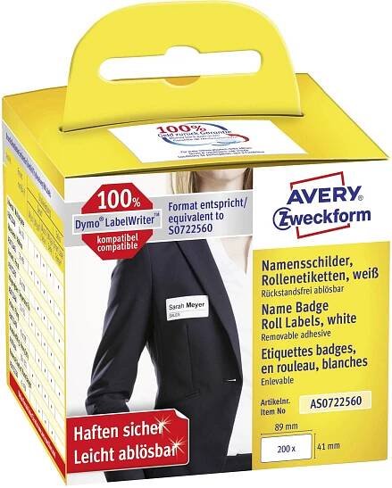 Avery-Zweckform etikety v roli kompatibilní náhradní DYMO 11356, S0722560 41 x 89 mm fólie bílá 200 ks přemístitelné jmenovky AS0722560