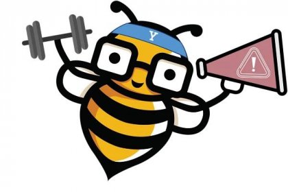 Reporting Bee Logo: Bee Cyber Fit bee holding bullhorn imprinted with the Report an Incident icon