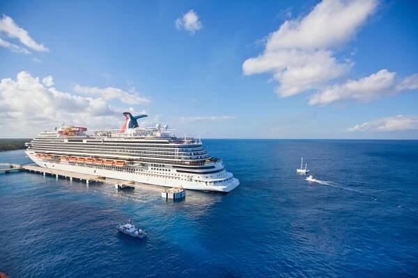 Aerial view of Carnival Vista cruise ship docked in Cozumel.