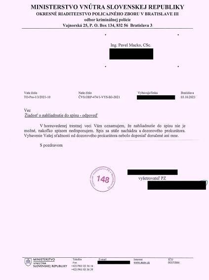 Odpoveď vyšetrovateľky na žiadosť o nazretie do spisu - ten je zadržiavaný na GP SR.