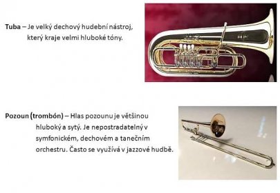 Pozoun (trombón) – Hlas pozounu je většinou hluboký a sytý. Je nepostradatelný v symfonickém, dechovém a tanečním orchestru. Často se využívá v jazzové hudbě.