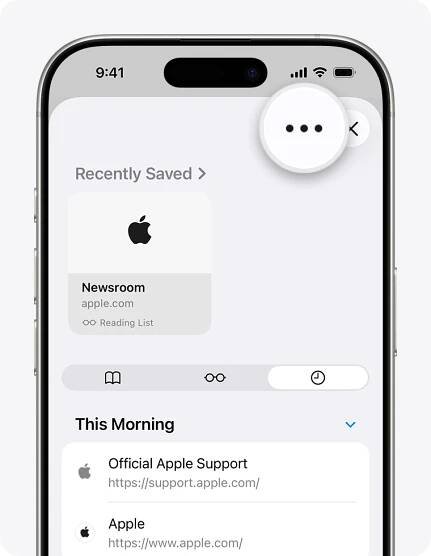 Obrazovka iPhonu se zvětšeným tlačítkem Více v Safari.