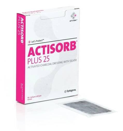 ACTISORB PLUS 25 obväz s aktívnym uhlím a striebrom (6,5 x 9,5 cm) 1x10 ks