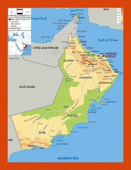 Physical map of Oman