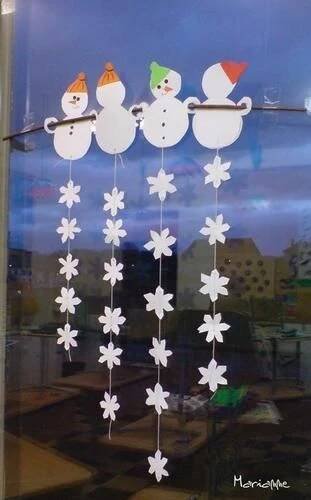 a window with snowmen hanging from it's side