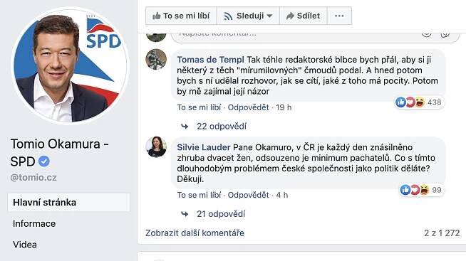 Okamura se pustil na Facebooku do novinářky. Jeho fanoušci jí přejí znásilnění od migrantů. Případ řeší policie