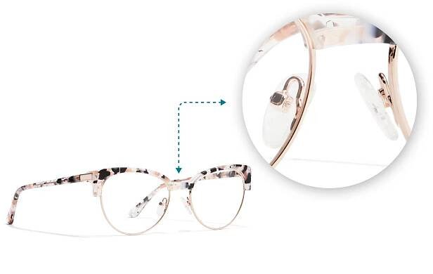 Image of a pair of zenni glasses with adjustable nose pads, next to a zoomed-in image of the nose pads. The images are connected by a dotted line with arrows.