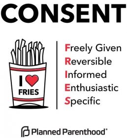 Understanding consent is as easy as FRIES.Consent is:
• Freely given. Doing something sexual with someone is a decision that should be made without pressure, force, manipulation, or while drunk or high.
• Reversible. Anyone can change their mind...