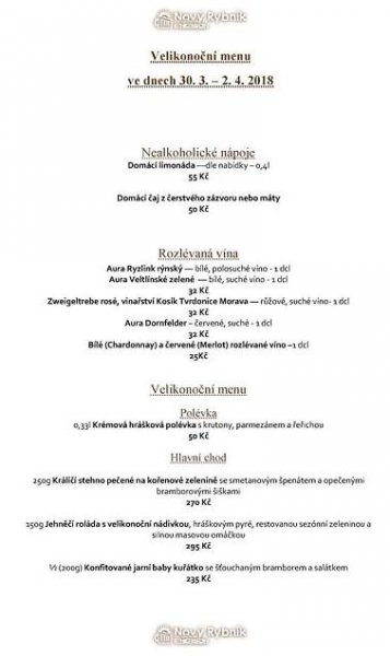 Velikonoční menu - Restaurace a penzion Nový Rybník a pivovar Energon (, Obořiště)