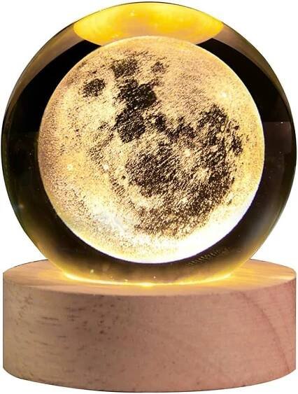 QIANCHANG 3D Moon Crystal Ball Night Light with LED Stand, Crystal Moon Figurine Lamp Decoration Glass Sphere Paperweight ...
