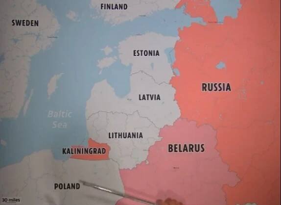 Map of the Baltic region, highlighting Russia, Belarus, Lithuania, Latvia, Estonia, and Kaliningrad.