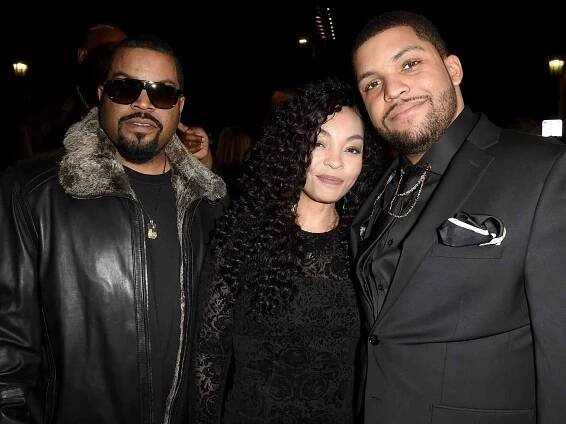 O'Shea Jackson Jr. (R) with parents O'Shea 'Ice Cube' Jackson and Kimberly Woodruff attend the premiere of STX Films' 