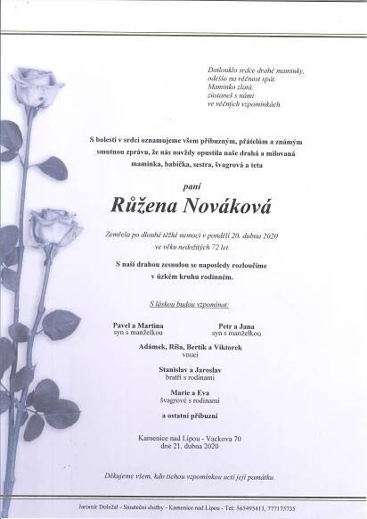 Růžena Nováková – Pohřební služba Počátky
