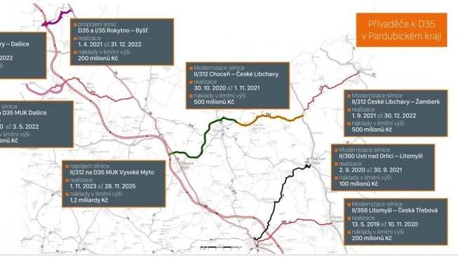Mapa přivaděčů pro D35 v Pardubickém kraji. 