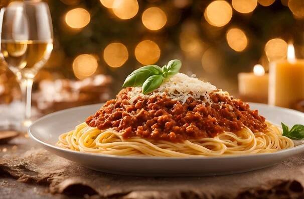 Teller mit Spaghetti Bolognese, garniert mit Basilikum und geriebenem Käse, vor unscharfem Hintergrund mit warmen Lichtern und Kerzen
