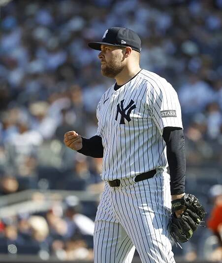 New York Yankees pitcher David Bednar reacts in the 8th inning. The New York Yankees defeat the Houston Astros 5-4 at Yankee Stadium in The Bronx, New York.