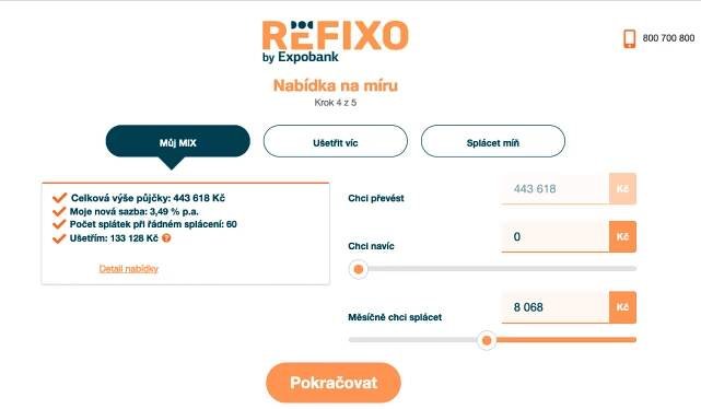 Expobank. Nabídku refinancování lze měnit posuvníkem a modelovat podle doby nebo výše splátky.