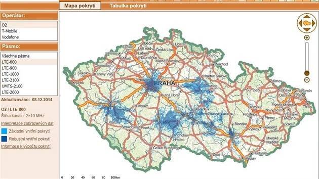 Mapa pokrytí sítěmi vysokorychlostního přístupu k internetu u O2 v pásmu 800 MHz