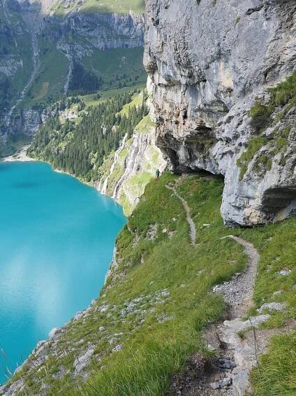 trail, steep, exposed, rise, wall climbing, walk, beaten path, oeschinen lake, nature, rocky trail, rock path, mountain trail, lake, switzerland, mountain lake, mountains, landscape