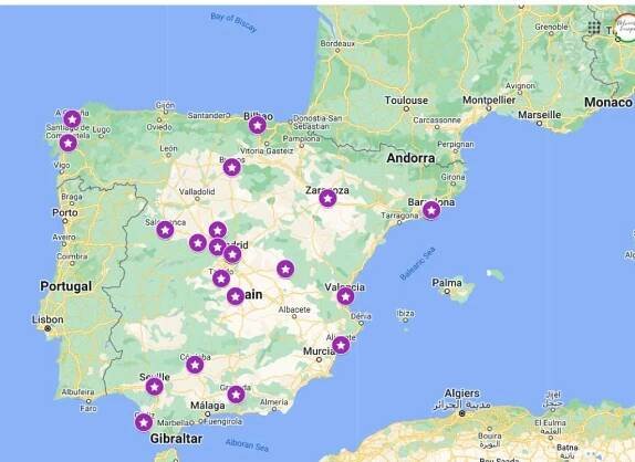 Image of a google map showing the locations of 30 famous Spanish landmarks 