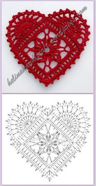 the crocheted heart is shown in red and white