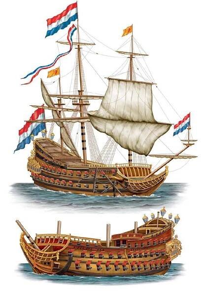 two ships with flags flying in the wind