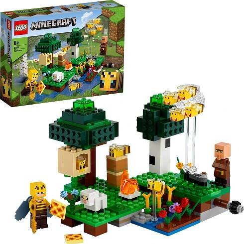 LEGO 21165 Minecraft Včelí farma, stavebnice s figurkou včelaře a ovce, hračky pro