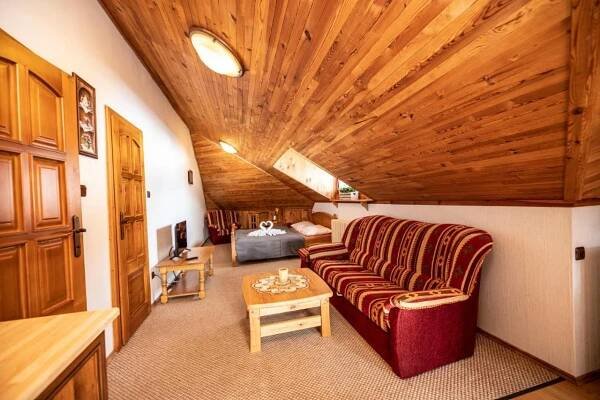 a living room with a couch and a wooden ceiling at penzion Vysoká Stráž in Pec pod Sněžkou
