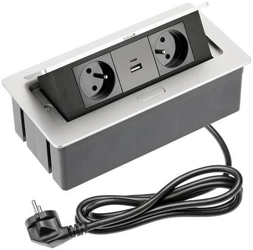 Zásuvková lišta výklopná délka napájecího kabelu: 1,5 m; 2 zásuvky + USB A + C; stříbrná