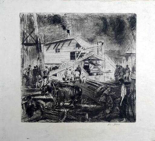 Jelínek Alex Adolf – Práce na pile, lept, ca 1930